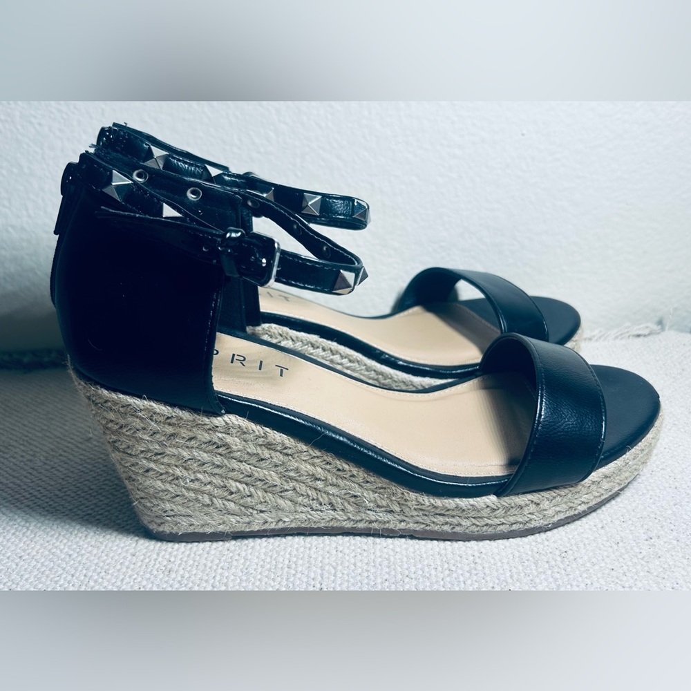 Esprit Romy Black Espadrille Wedge Sandals with Studded Ankle Straps